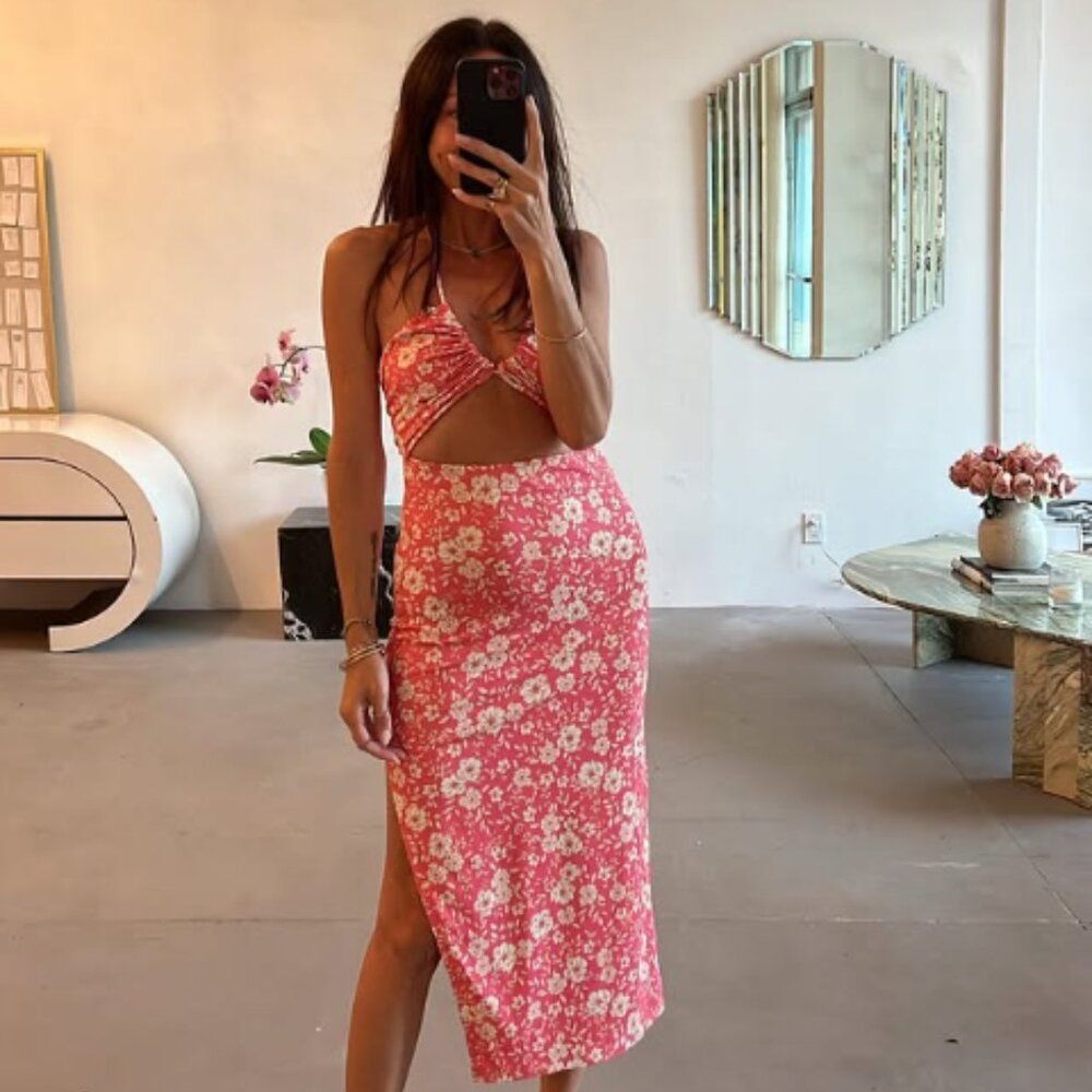 RESA Nikki Midi Adjustable Keyhole Halter Dress in Guava XL